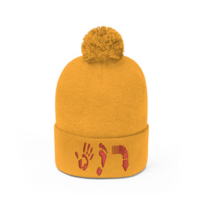 Five Toes Down Red Pom Pom Beanie Embroidered