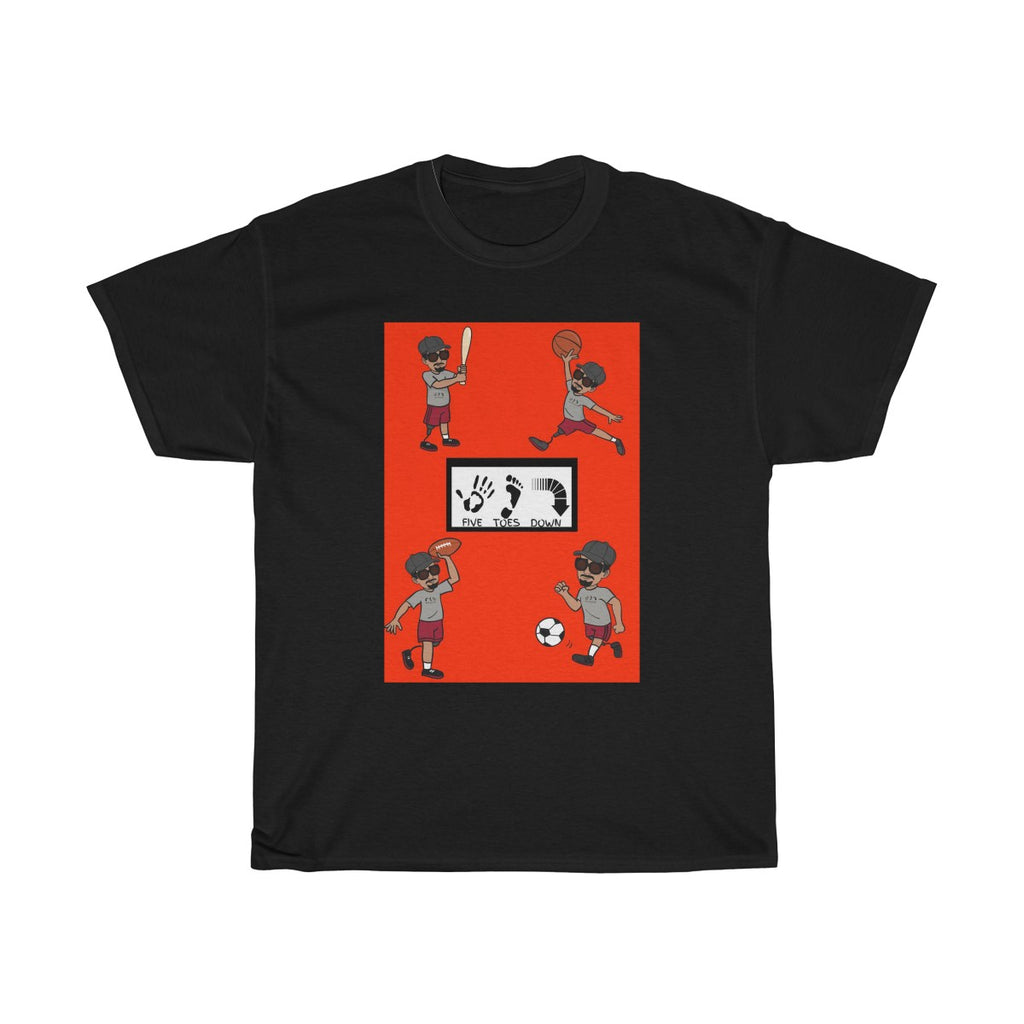 Five Toes Down Henry the Amputee Sports Unisex Tee Red Background