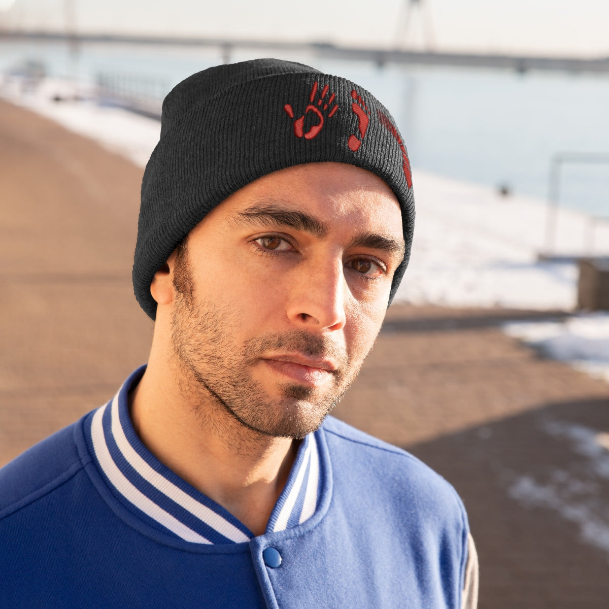 Five Toes Down Red Knit Beanie Embroidered