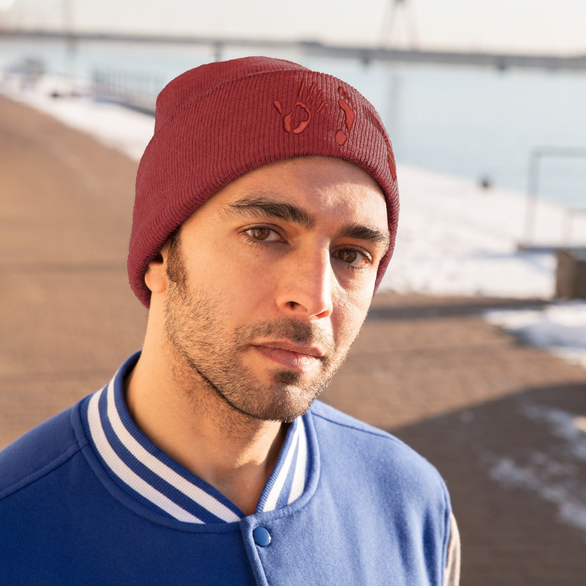Five Toes Down Red Knit Beanie Embroidered