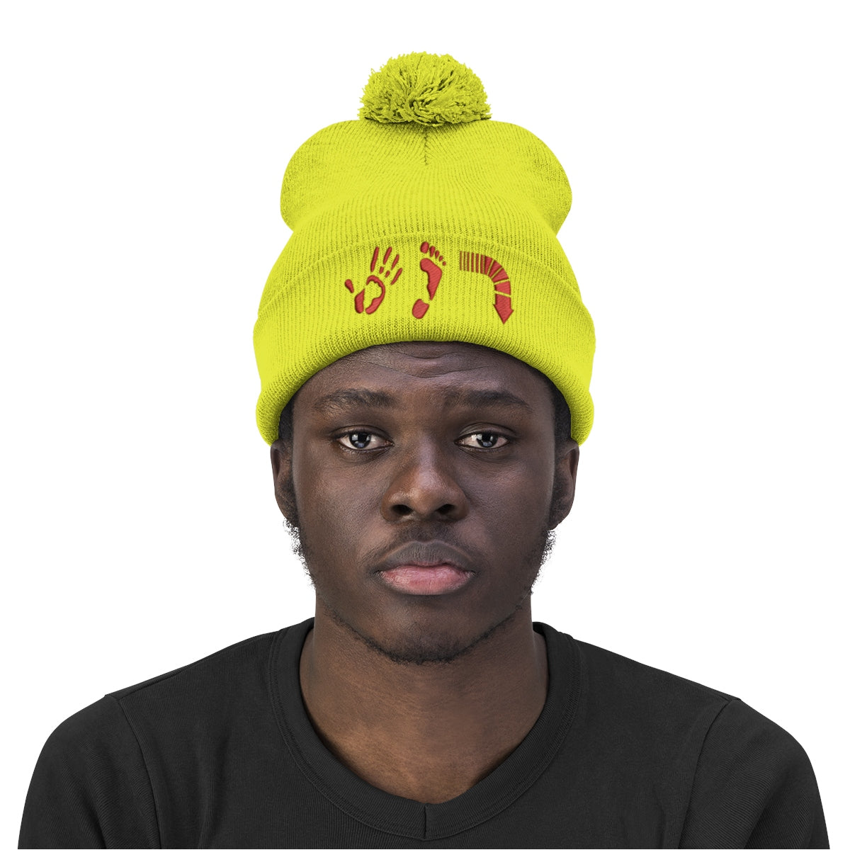 Five Toes Down Red Pom Pom Beanie Embroidered