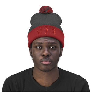 Five Toes Down Red Pom Pom Beanie Embroidered