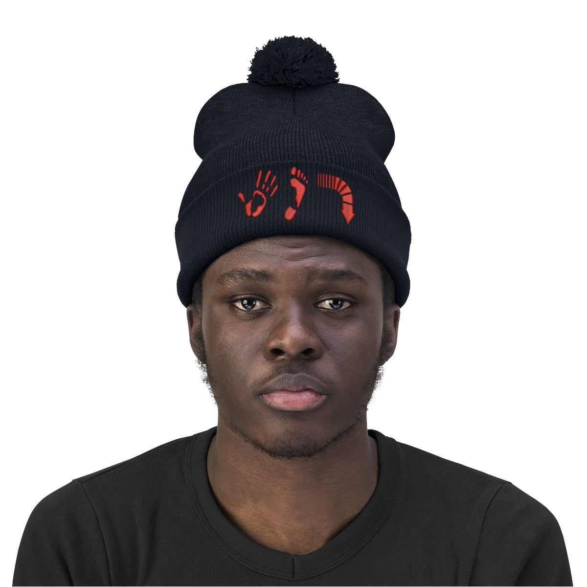 Five Toes Down Red Pom Pom Beanie Embroidered