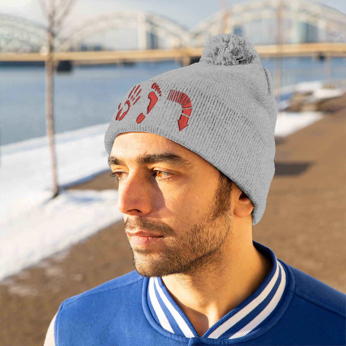 Five Toes Down Red Pom Pom Beanie Embroidered