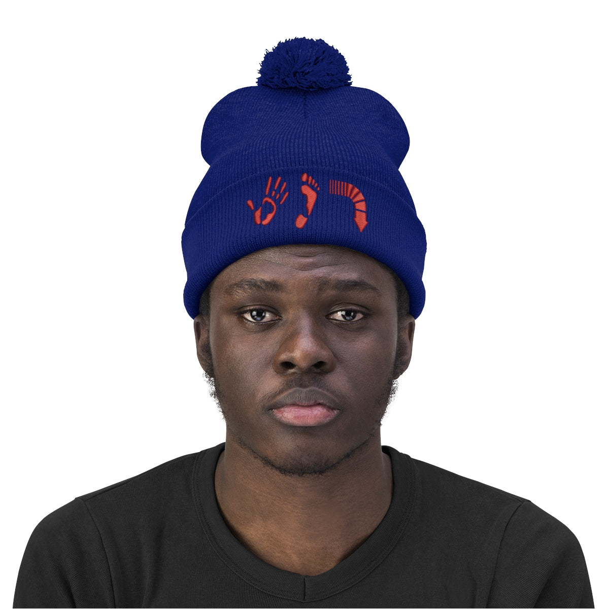 Five Toes Down Red Pom Pom Beanie Embroidered