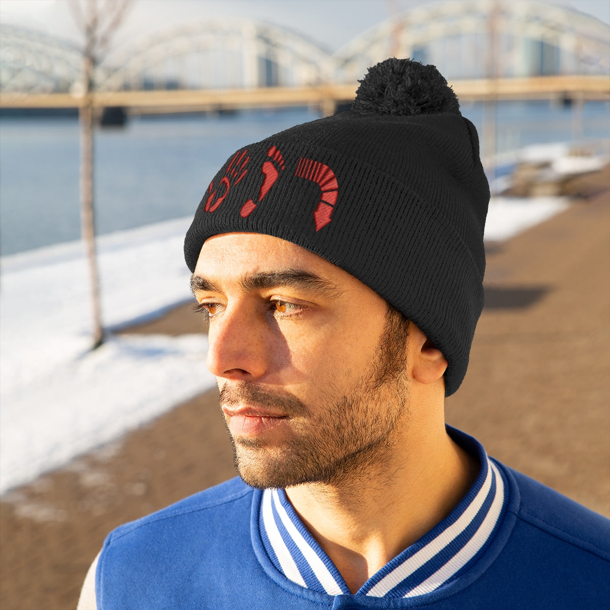 Five Toes Down Red Pom Pom Beanie Embroidered