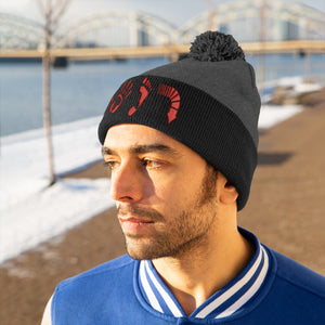 Five Toes Down Red Pom Pom Beanie Embroidered
