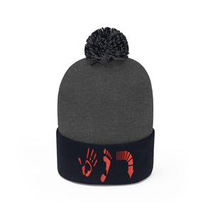 Five Toes Down Red Pom Pom Beanie Embroidered