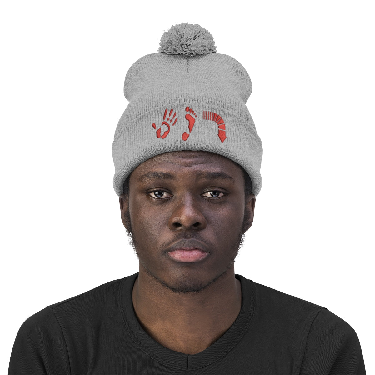 Five Toes Down Red Pom Pom Beanie Embroidered