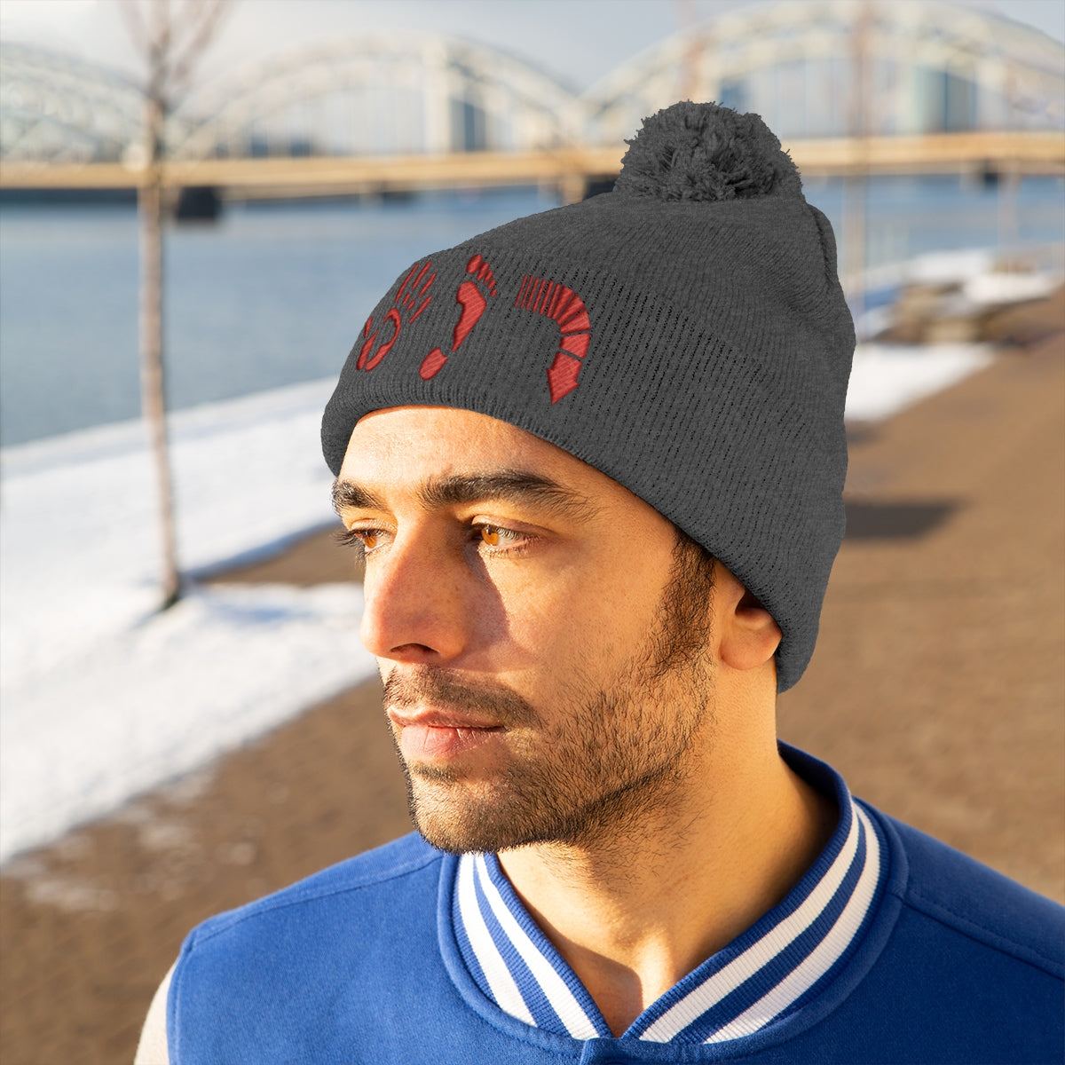 Five Toes Down Red Pom Pom Beanie Embroidered