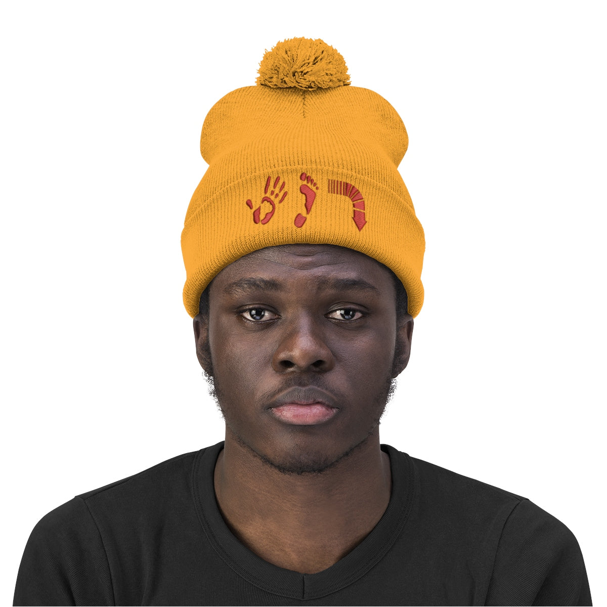 Five Toes Down Red Pom Pom Beanie Embroidered