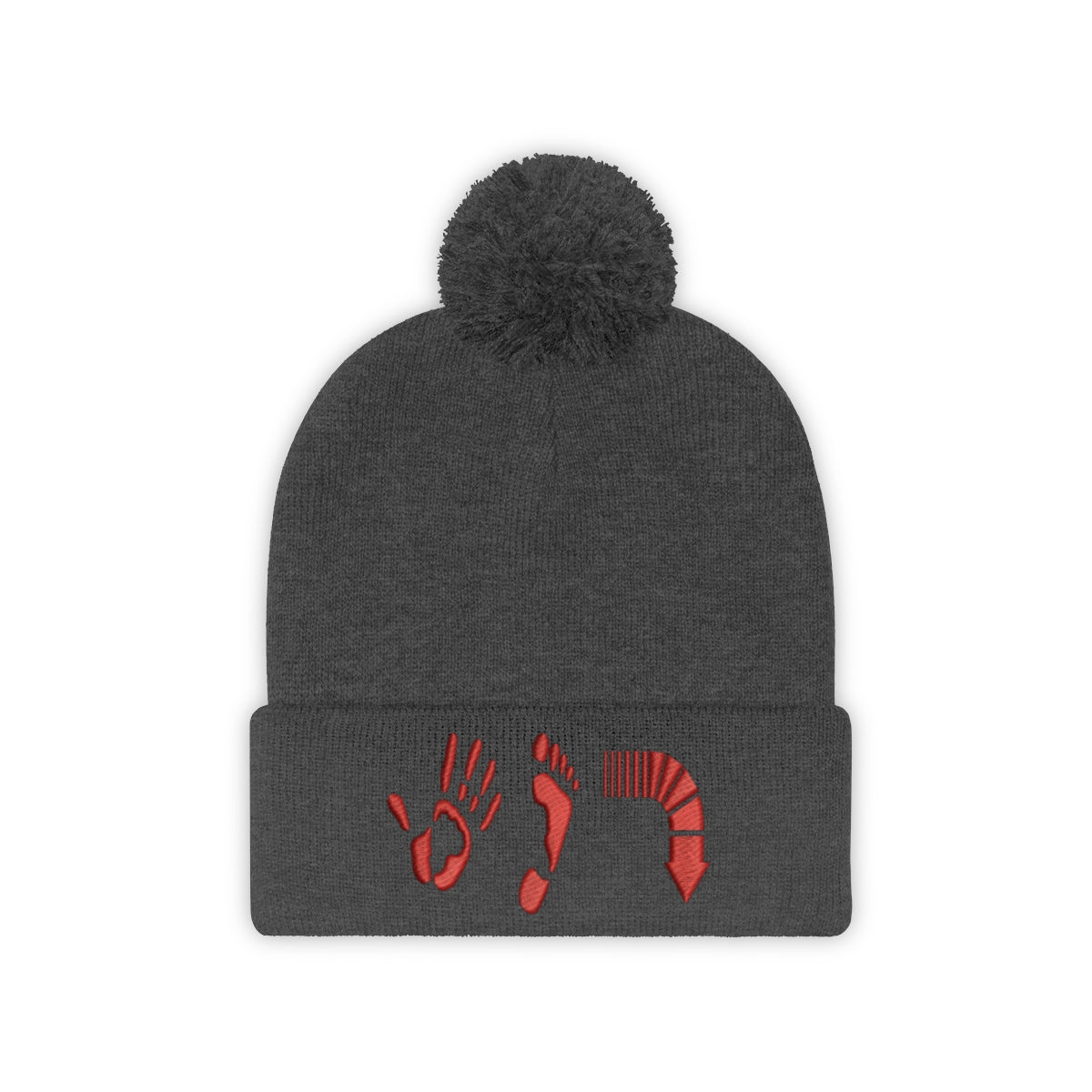 Five Toes Down Red Pom Pom Beanie Embroidered
